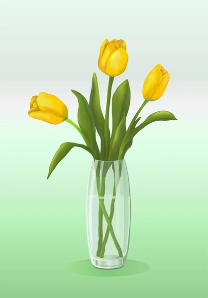 Los Tulipanes Amarillos Tres Pedazos Florero Sobre Terreno Verde Vector — Vector de stock