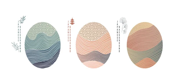 Αφηρημένη Ιαπωνική Τέχνη Φόντο Ιστορία Λογαριασμού Επισήμανση Εικονίδιο Ηλιοβασίλεμα Θάλασσα — Διανυσματικό Αρχείο