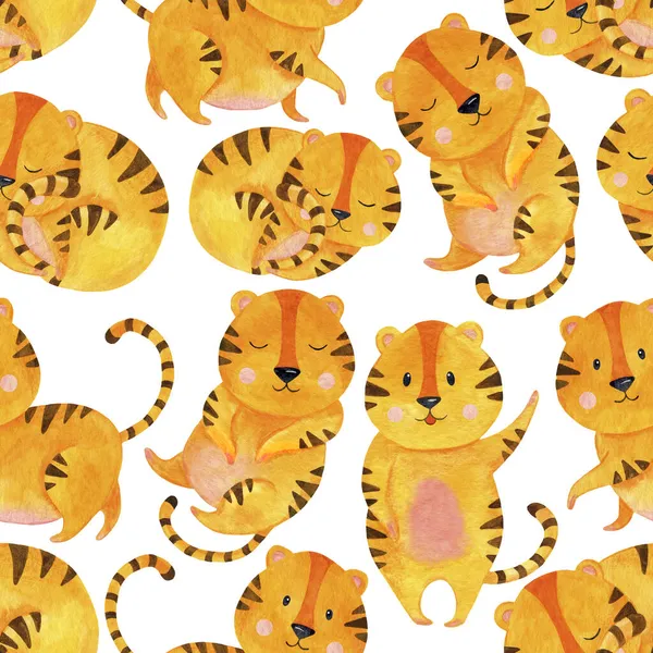 Tigre laranja bonito, aquarela crianças ilustração.Padrão sem costura — Fotografia de Stock