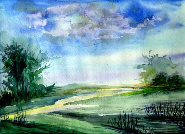 Paisagem de verão com vegetação, nuvens e rio, aquarela. Vista rio. — Fotografia de Stock