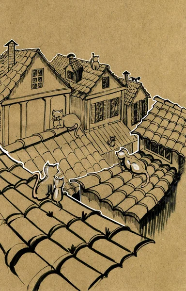 Vista da vila. Telhados e gatos de azulejos velhos. Desenho de linha a tinta sobre papel artesanal. — Fotografia de Stock