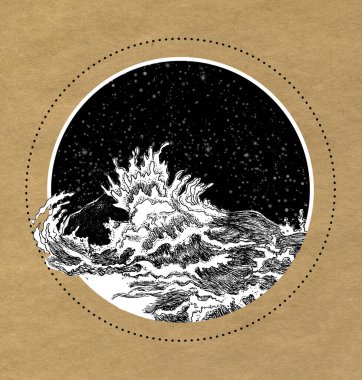 Deniz dalgası taşın üzerinden geçiyor. İşleme tekniğinde siyah ve beyaz mürekkep çizimi.