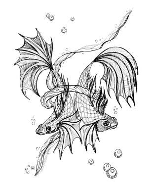 Two fish as a symbol of the zodiac. Drawing for coloring book. Detailed ink drawing by hand.