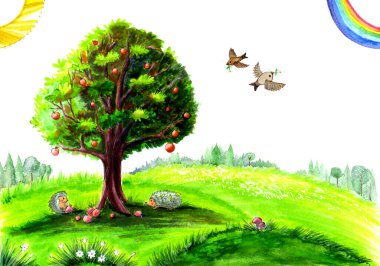 Hedgehogs and apples, family tree. Watercolor Illustration background.
