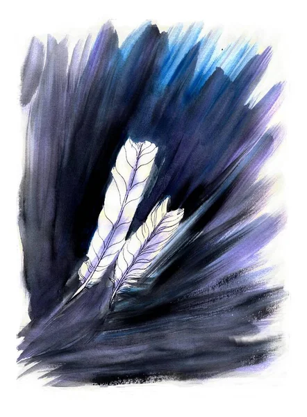 Two White Feathers Dark Watercolor Background Drawing Traditional Materials — Stock Photo, Image