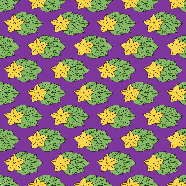 Motif sans couture avec des feuilles et des fleurs de citrouille dessinées à la main. Fond violet. — Image vectorielle