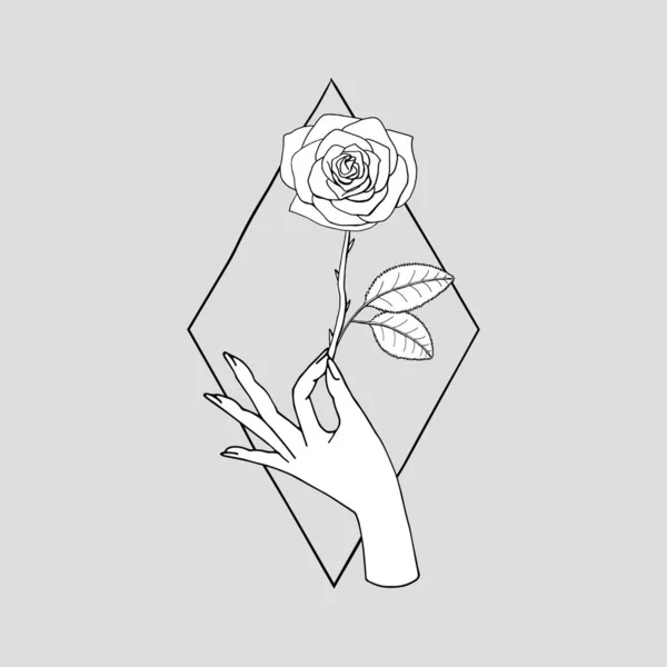 Vintage Mystic Hand holding rose flower drawing on diamond shape — Stock Vector