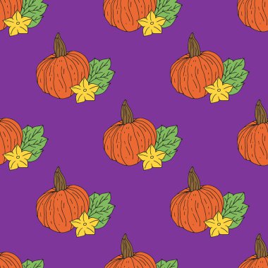 Elle çizilmiş balkabaklarıyla kusursuz desen. Mor arkaplan.