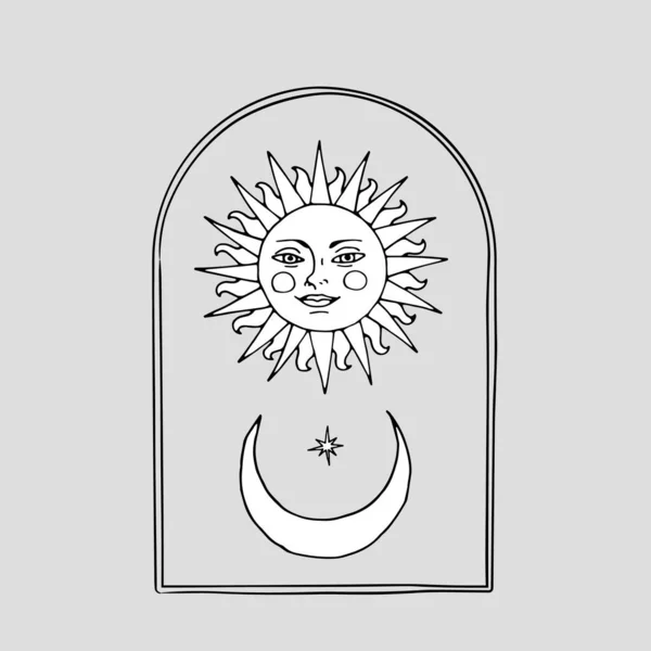 Vintage Mystic Sun y media luna ilustración con arco decorativo — Archivo Imágenes Vectoriales