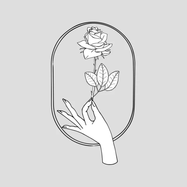 Vintage Mystic Hand hält Rose Blume Zeichnung auf ovale Form. — Stockvektor