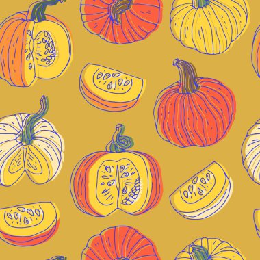 Elle çizilmiş balkabaklarıyla kusursuz desen. Yerleşik renkler ve çizgiler.