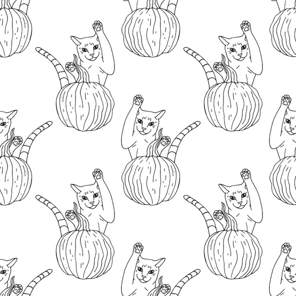 Motif sans couture avec citrouilles monochromes dessinées à la main et chat sautant. — Image vectorielle