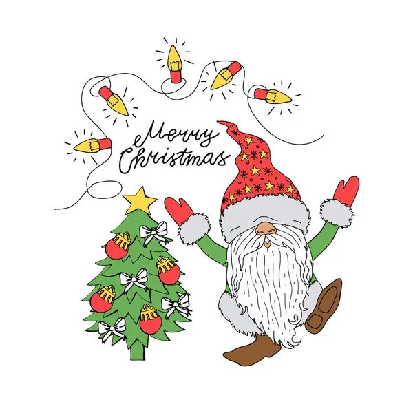 Bonito linha arte cartoon gnomo. Cartas de Feliz Natal. Personagem de Natal colorido —  Vetores de Stock