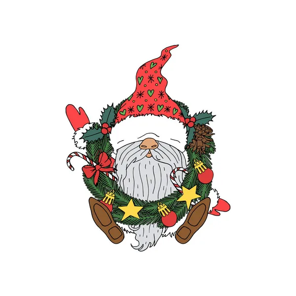 Lindo gnomo de dibujos animados de línea de arte con corona. Personaje colorido de Navidad aislado en blanco — Vector de stock