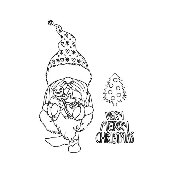 Ilustración en blanco y negro de la línea de arte de dibujos animados gnome celebración bolsa de regalo — Vector de stock