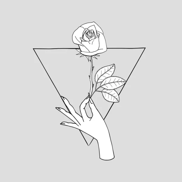 Vintage μυστικιστικό χέρι κρατώντας τριαντάφυλλο λουλούδι σχέδιο σε σχήμα τριγώνου. — Διανυσματικό Αρχείο