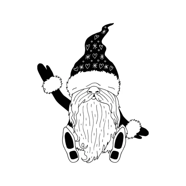 Ilustración en blanco y negro de la línea de arte de dibujos animados gnome celebración bolsa de regalo — Archivo Imágenes Vectoriales