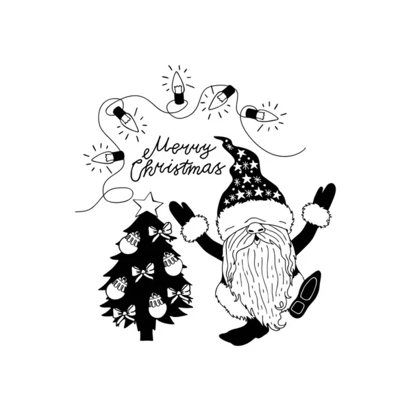 Ilustración en blanco y negro de la línea de arte de dibujos animados gnome celebración bolsa de regalo — Vector de stock