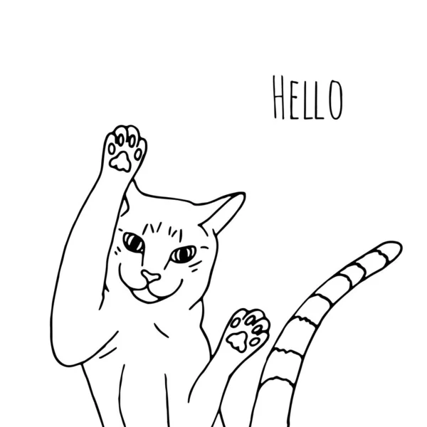 재미있는 고양이의 모노크롬 삽화와 문자 Hello. — 스톡 벡터