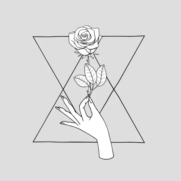 Vintage Boho Mystic Hand holding rose flower drawing on triangle shape. — Stock Vector