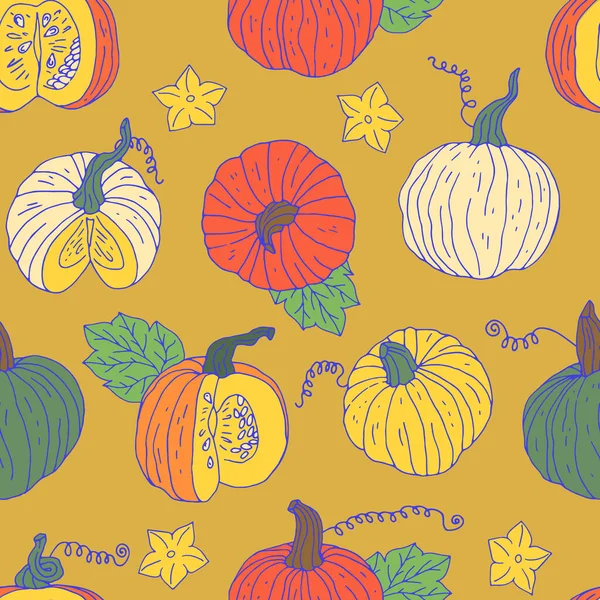 Elle çizilmiş balkabaklarıyla kusursuz desen. Altın arkaplan.