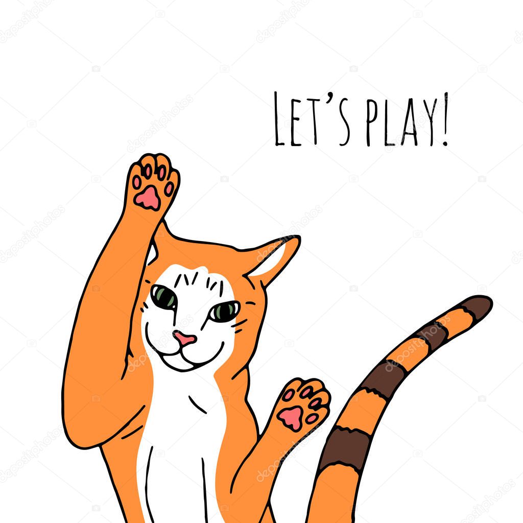 Illustration of funny cat and text Lets play