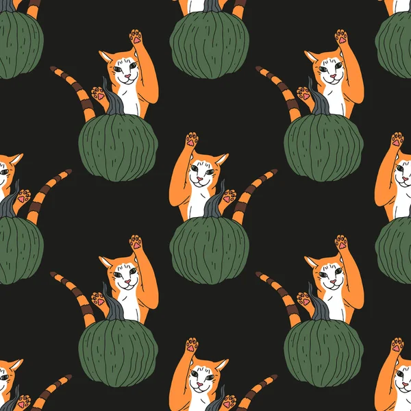 Seamless pattern with hand drawn green pumpkins and jumping cat — Stock Vector