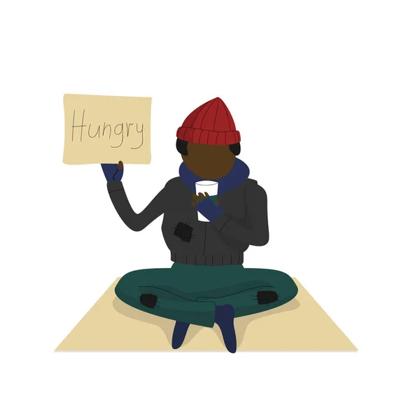 Hajléktalan sötét bőrű férfi szöveggel Éhes — Stock Vector