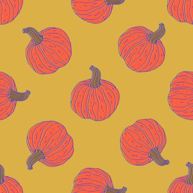 Elle çizilmiş balkabaklarıyla kusursuz desen. Yerleşik renkler ve çizgiler.