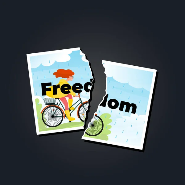 Torn photo with word freedom. On black background. — Stock Vector