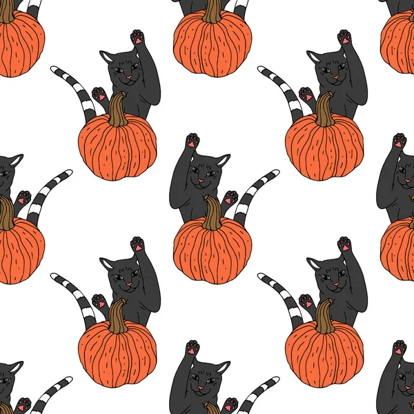 Seamless pattern with hand drawn orange pumpkins and jumping cat — Stock Vector