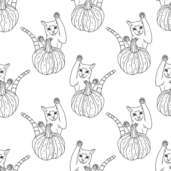 Motif sans couture avec citrouilles monochromes dessinées à la main et chat sautant. — Image vectorielle
