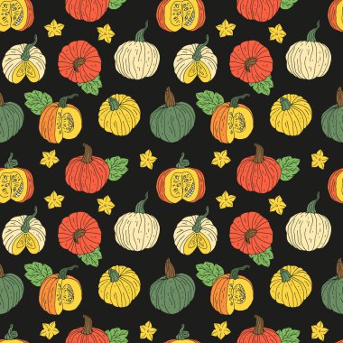 Elle çizilmiş balkabaklarıyla kusursuz desen. Siyah arkaplan.