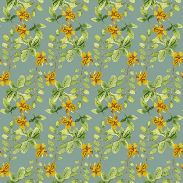 Watercolor leaves and yellow flower seamless pattern — Stock Photo, Image