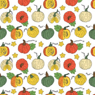 Elle çizilmiş turuncu, yeşil ve sarı balkabağı ve çiçeklerle kusursuz desen. Beyaz arkaplan.