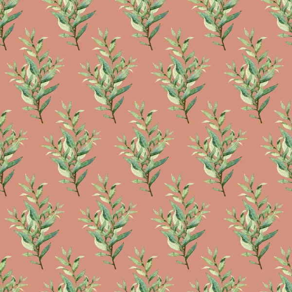Waterkleur groen naadloos patroon, bloemige textuur op roze — Stockfoto
