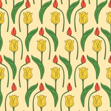 Kırmızı ve sarı çizgili klasik dikişsiz desenli laleler çiçekler ve bej yapraklar