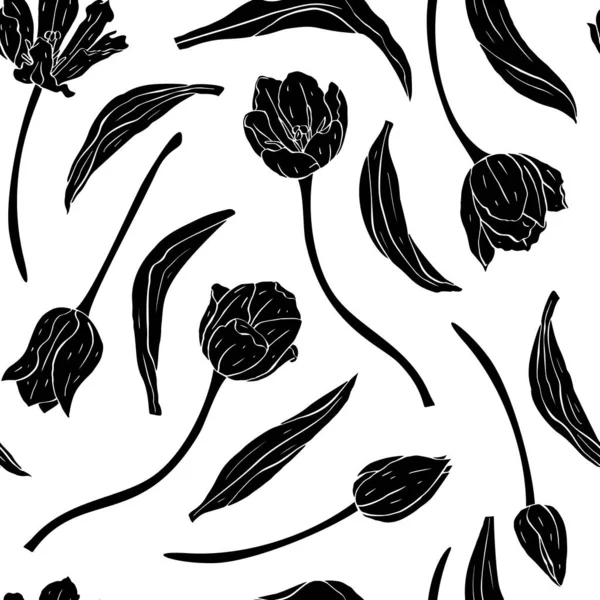 Монохромный винтажный бесшовный узор с цветами тюльпанов, черные силуэты на белом — стоковый вектор