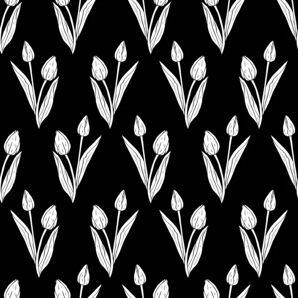 Monochrom Vintage nahtloses Muster mit Tulpenblüten weiße Silhouetten auf schwarz — Stockvektor