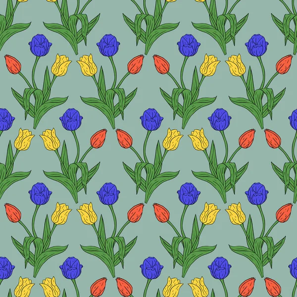 Padrão sem costura vintage com vermelho e amarelo linha de arte tulipas flores e folhas em azul —  Vetores de Stock