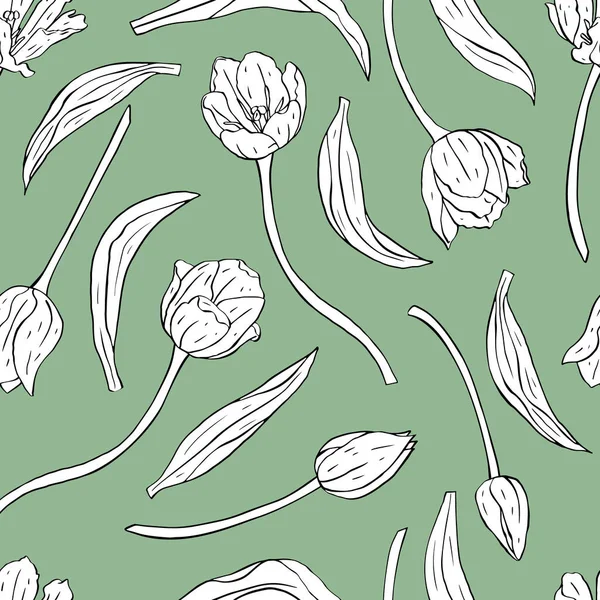 Motif vintage sans couture avec des fleurs et des feuilles de tulipes d'art en ligne blanche et noire sur vert — Image vectorielle