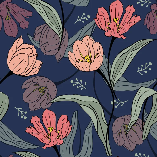 Patrón sin costuras con flores de tulipanes de arte de línea rosa sobre fondo azul — Vector de stock