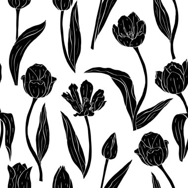 Tek renkli, dikdörtgen desenli, laleli, çiçekli, beyaz üzerine siyah siluet.