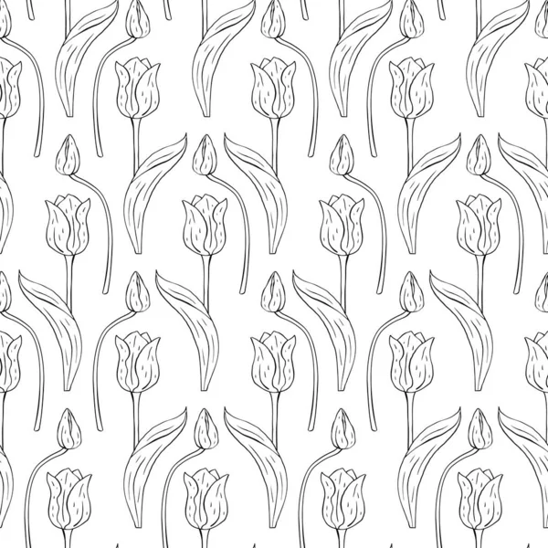 Černobílý vinobraní bezešvé vzor s linií výtvarné tulipány květiny na bílém — Stockový vektor