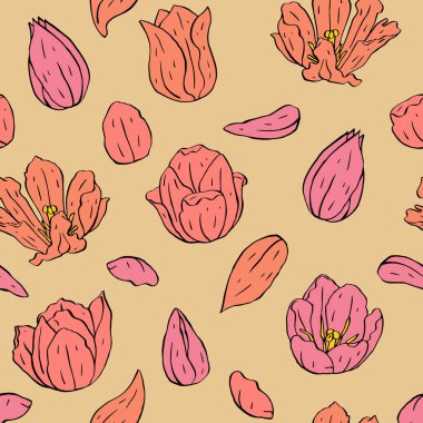 Pembe lale çiçekleri ve bej yaprakları olan klasik dikişsiz desen.