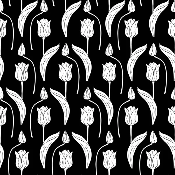 单色复古无缝图案，郁金香花，黑色白色轮廓 — 图库矢量图片