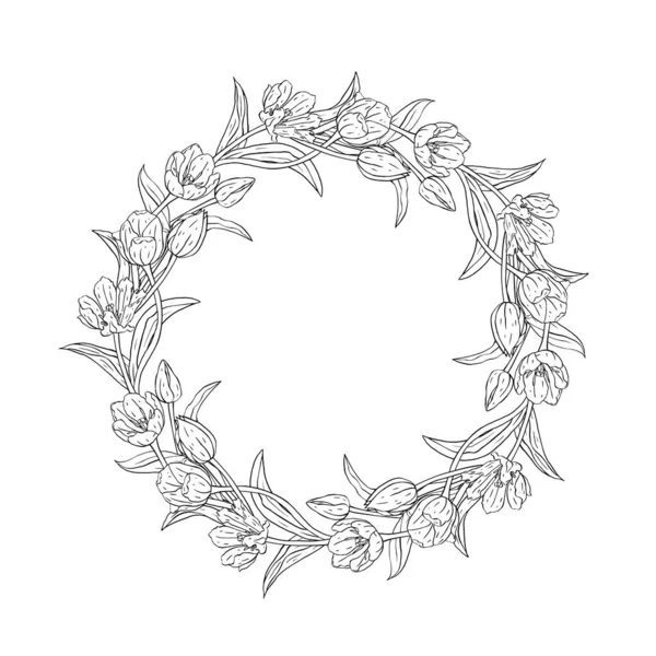 Línea monocromática arte tulipanes flores corona aislada en blanco — Vector de stock