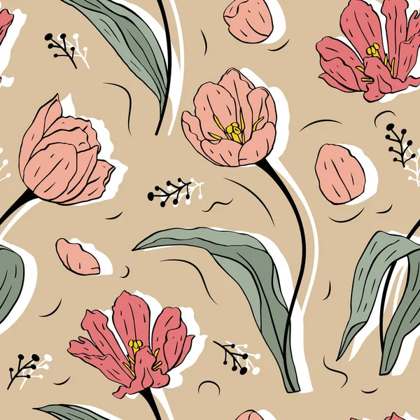 Modello senza cuciture con linea rosa arte tulipani fiori su sfondo beige — Vettoriale Stock