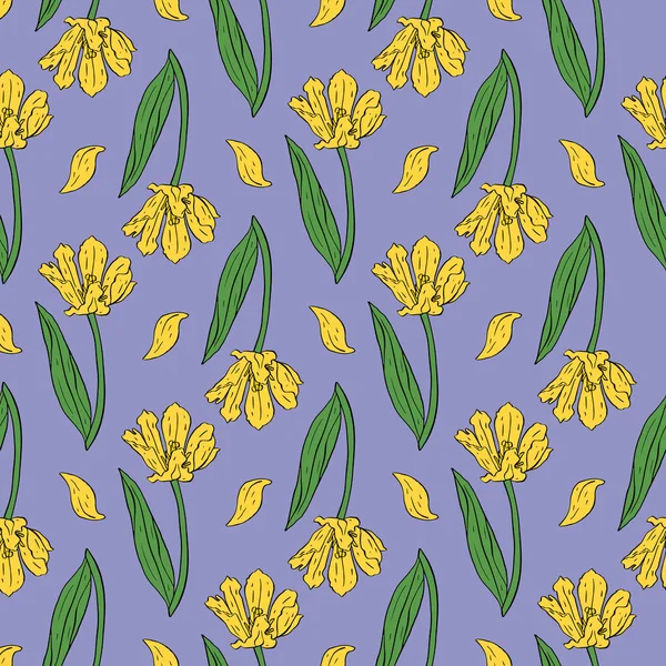 Patrón vintage sin costuras con tulipanes de línea amarilla flores y hojas en azul — Archivo Imágenes Vectoriales