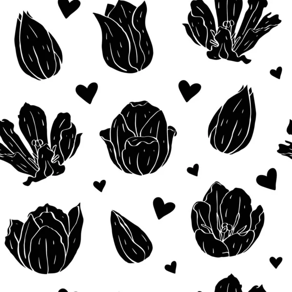 Монохромний вінтажний безшовний візерунок з тюльпанами квіти чорні силуети на білому — стоковий вектор